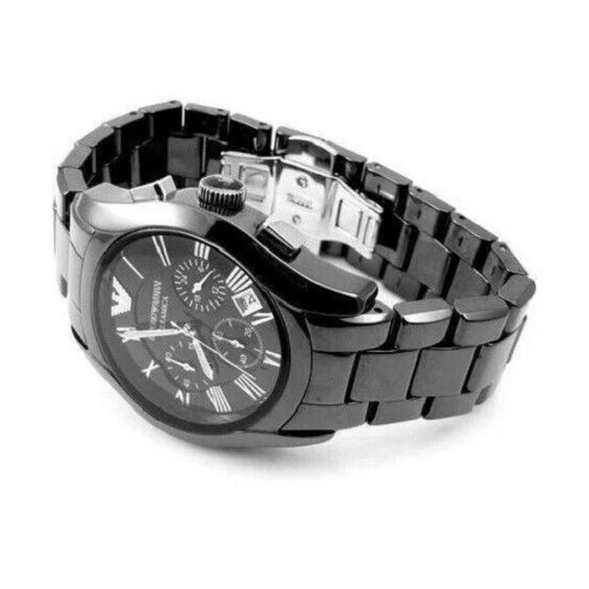 Angled view of the Emporio Armani AR1400 showcasing the high-shine ceramic finish, multi-function sub-dials, and Roman numeral hour markers.