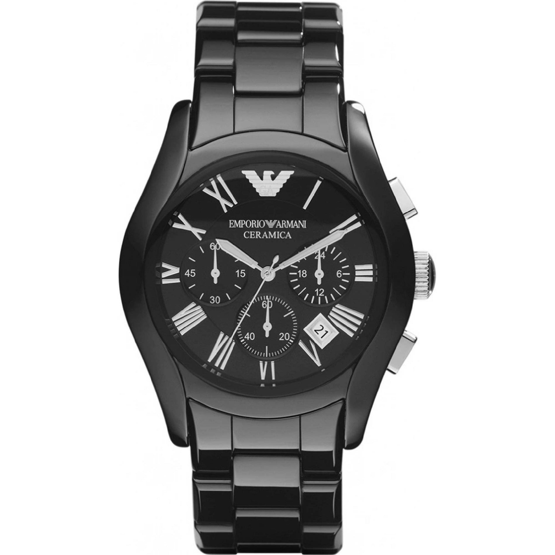 Front view of the Emporio Armani AR1400 Valente men's watch featuring a polished black ceramic case and bracelet with a matching black chronograph dial.
