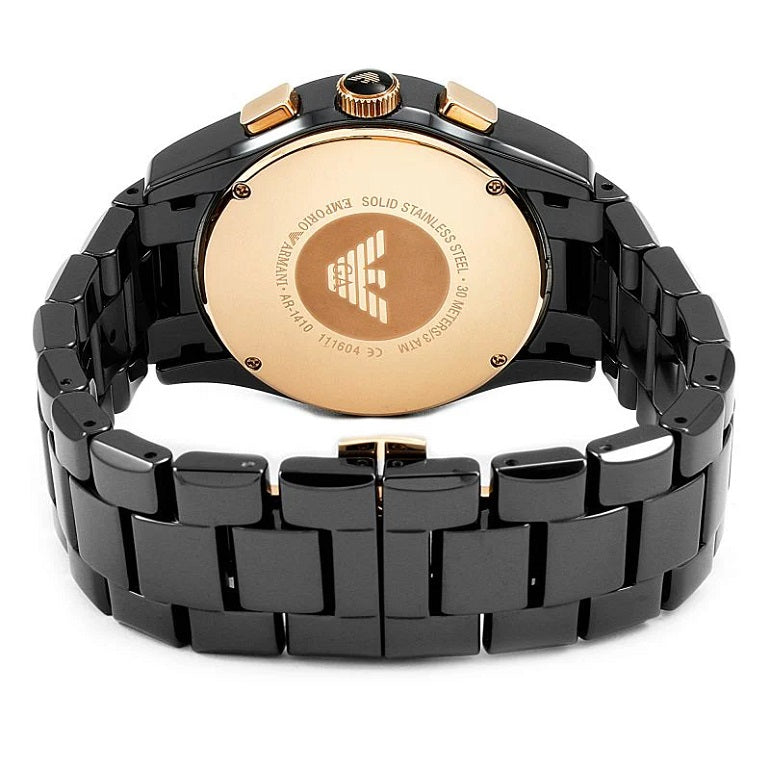 Back case view of Emporio Armani AR1410 men's watch, revealing the stainless steel caseback