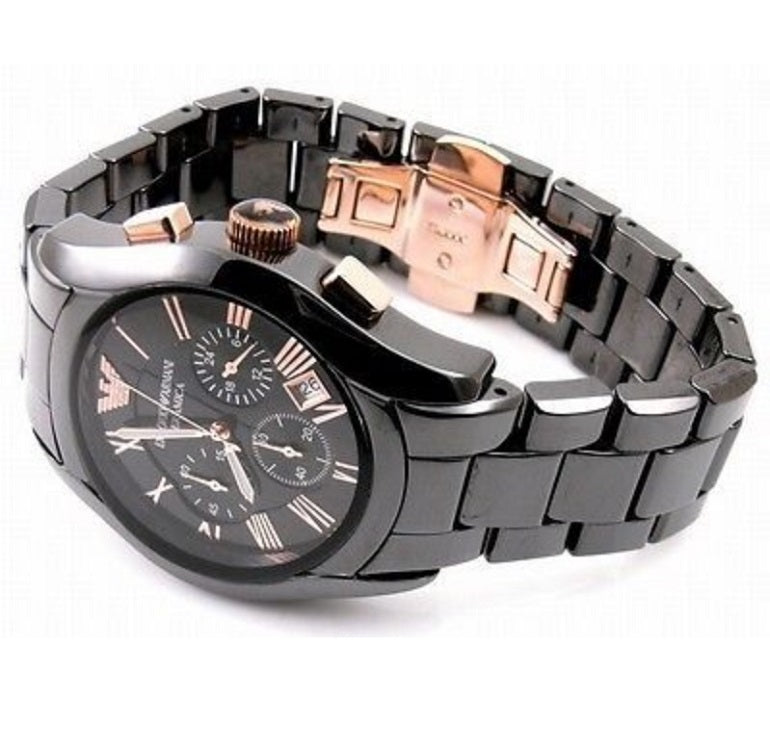 Emporio Armani AR1410 men's ceramic watch with black strap, black dial, and rose gold tone accents