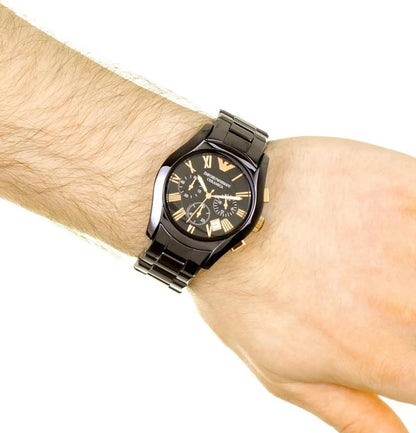 Emporio Armani AR1410 men’s black ceramic chronograph watch worn on wrist