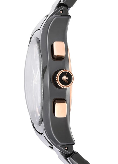 Side profile of Emporio Armani AR1410 men's watch with black ceramic strap, black dial, and rose gold tone
