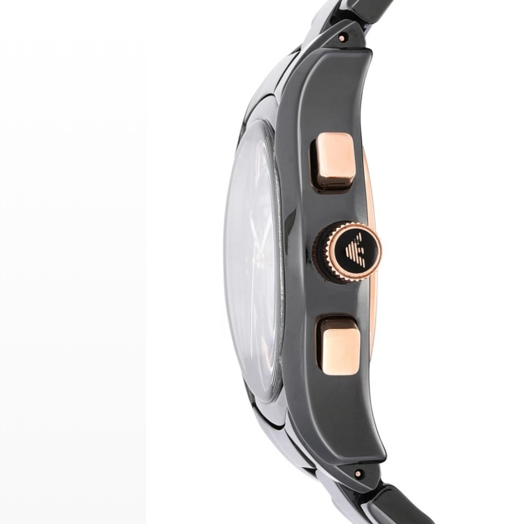 Side profile of Emporio Armani AR1410 men's watch with black ceramic strap, black dial, and rose gold tone