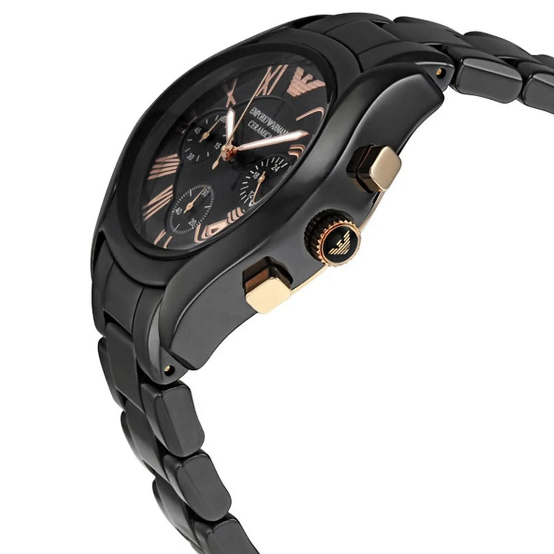 Angled view of Emporio Armani AR1411 women's watch with black ceramic strap, black dial, and rose gold tone accents