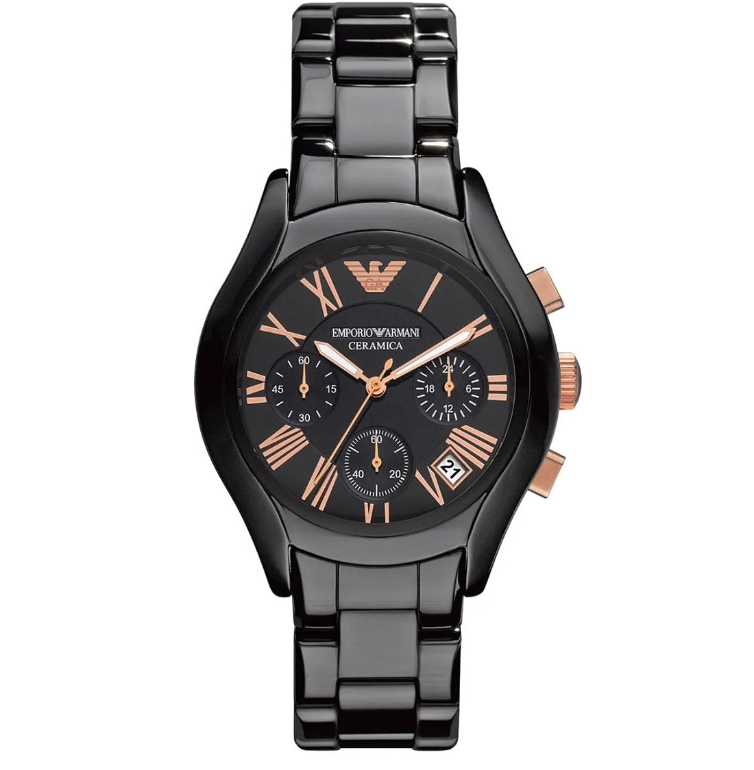 Front view of Emporio Armani AR1411 women's watch featuring a black ceramic strap, black dial, and rose gold tone