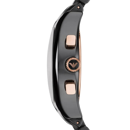 Side profile of Emporio Armani AR1411 women's watch with black ceramic strap, black dial, and rose gold tone