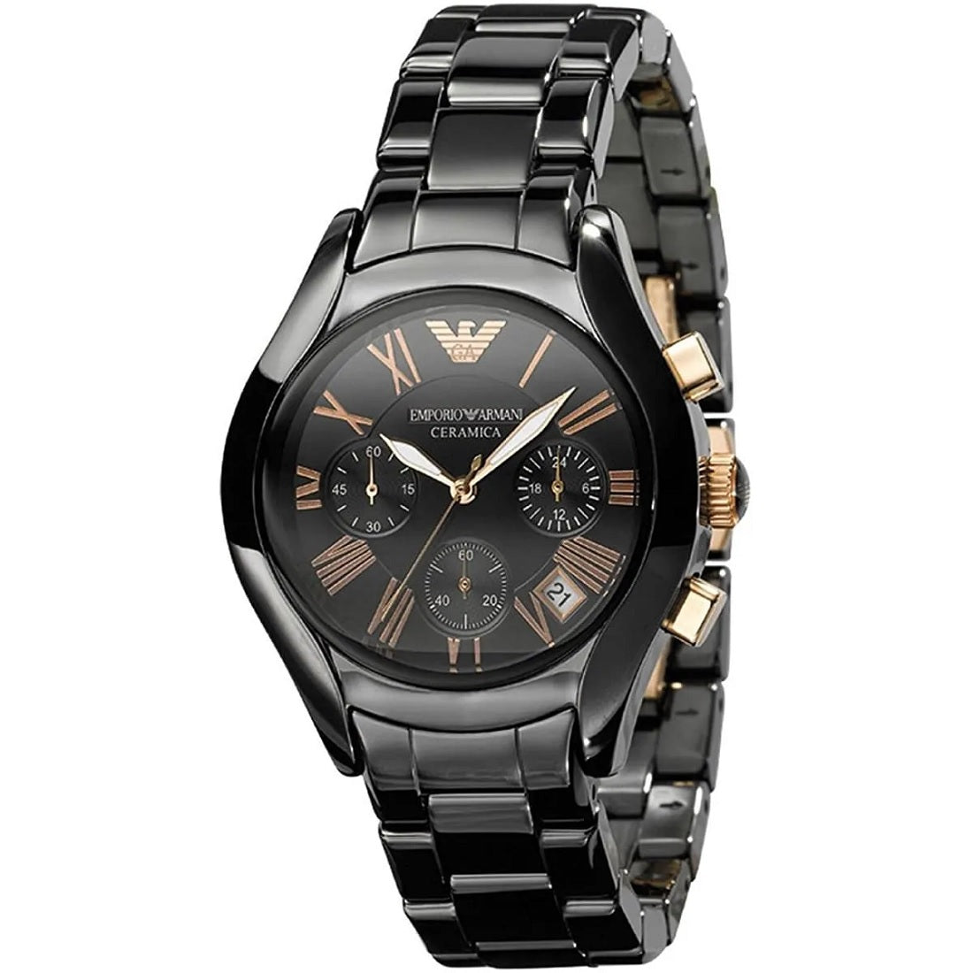 Emporio Armani AR1411 women's ceramic watch with black strap, black dial, and rose gold tone accents