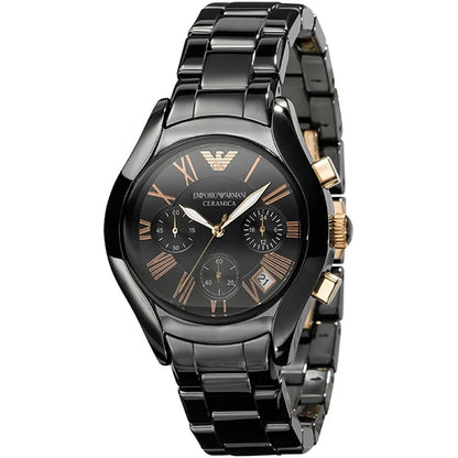 Emporio Armani AR1411 women's ceramic watch with black strap, black dial, and rose gold tone accents