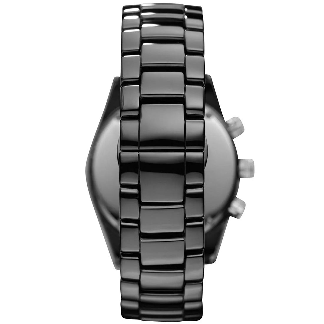 Back case view of Emporio Armani AR1421 men's chronograph watch, featuring the stainless steel caseback