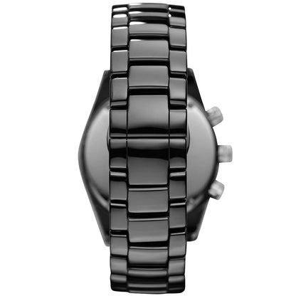 Back case view of Emporio Armani AR1421 men's chronograph watch, featuring the stainless steel caseback