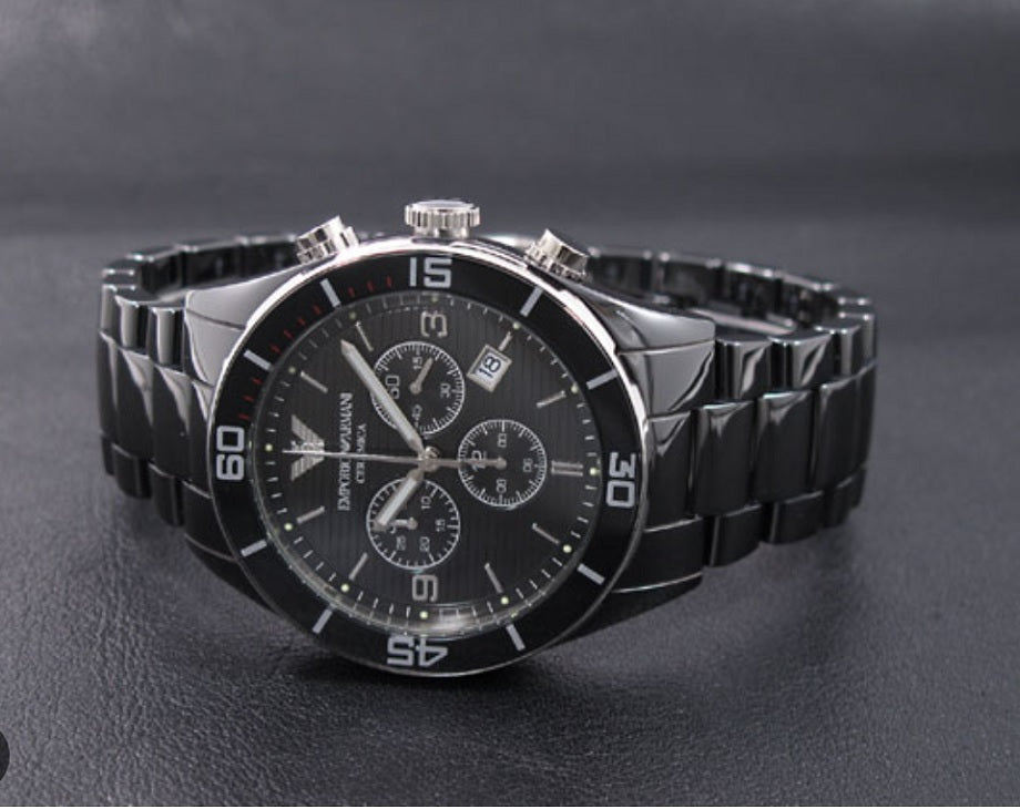 Emporio Armani AR1421 men's chronograph watch with black ceramic strap and black dial