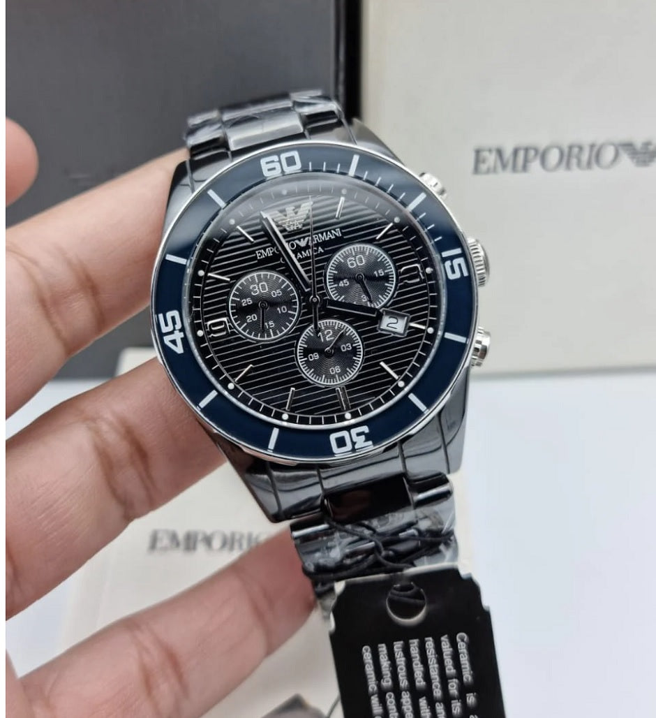 Close-up of the black ceramic chronograph dial on the Emporio Armani AR1421 men's watch