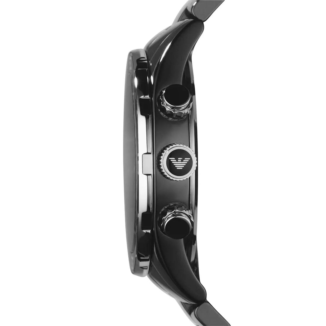 Side profile of Emporio Armani AR1421 men's chronograph watch with black ceramic strap and black dial