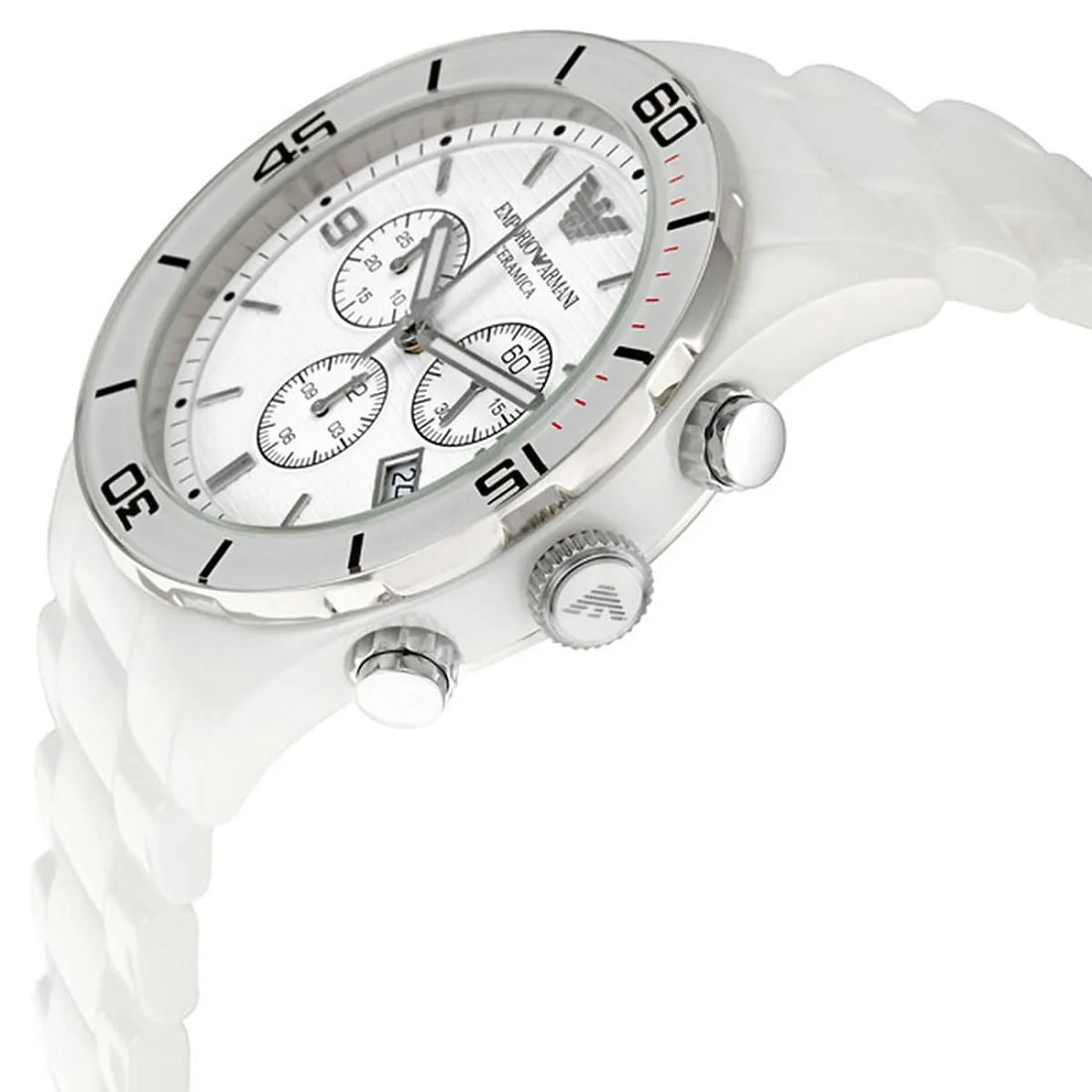 Angled view of Emporio Armani AR1424 men's watch with white ceramic strap and white dial
