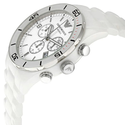 Angled view of Emporio Armani AR1424 men's watch with white ceramic strap and white dial