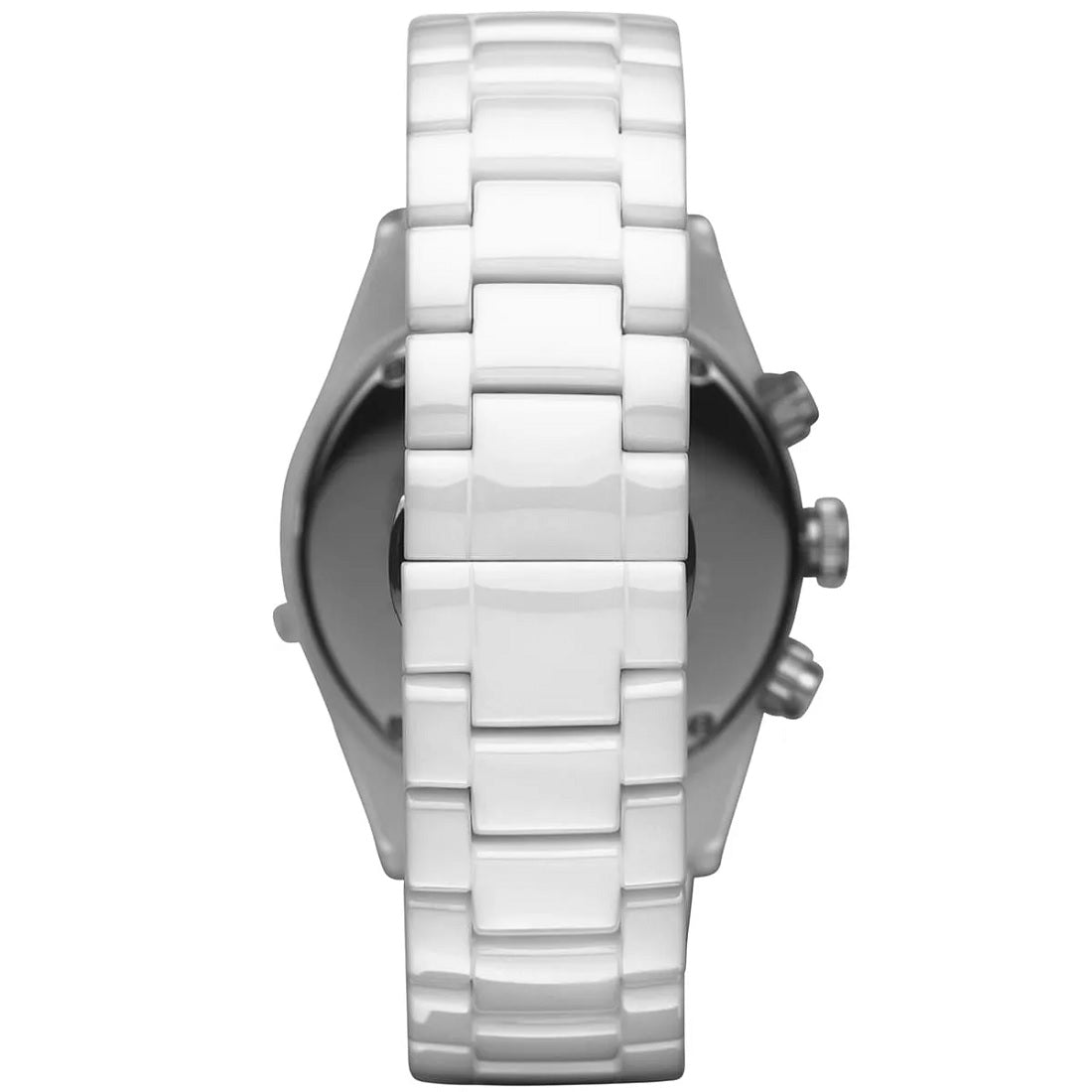 Back case view of Emporio Armani AR1424 men's watch, featuring the stainless steel caseback