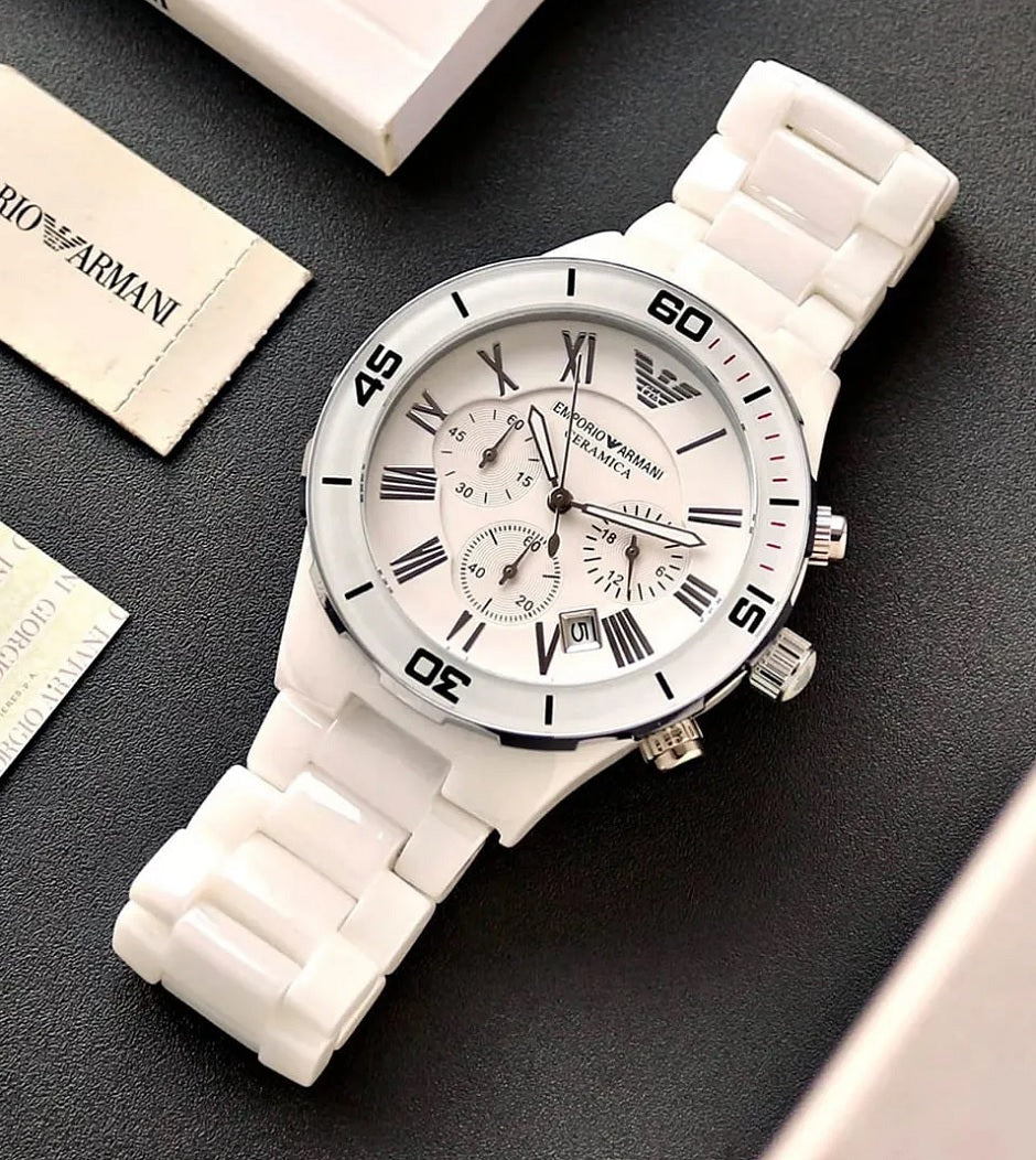 Emporio Armani AR1424 men's watch with white ceramic strap and white dial