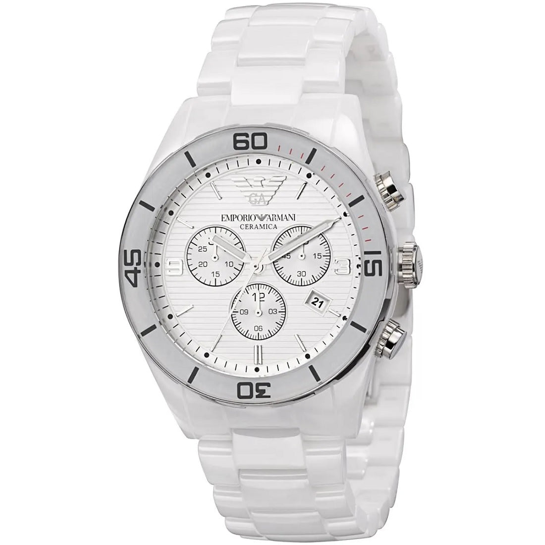 Close-up shot of Emporio Armani AR1424 men's watch with white ceramic strap and white dial