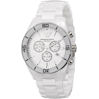 Close-up shot of Emporio Armani AR1424 men's watch with white ceramic strap and white dial