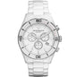 Front view of Emporio Armani AR1424 men's watch featuring a white ceramic strap and white dial