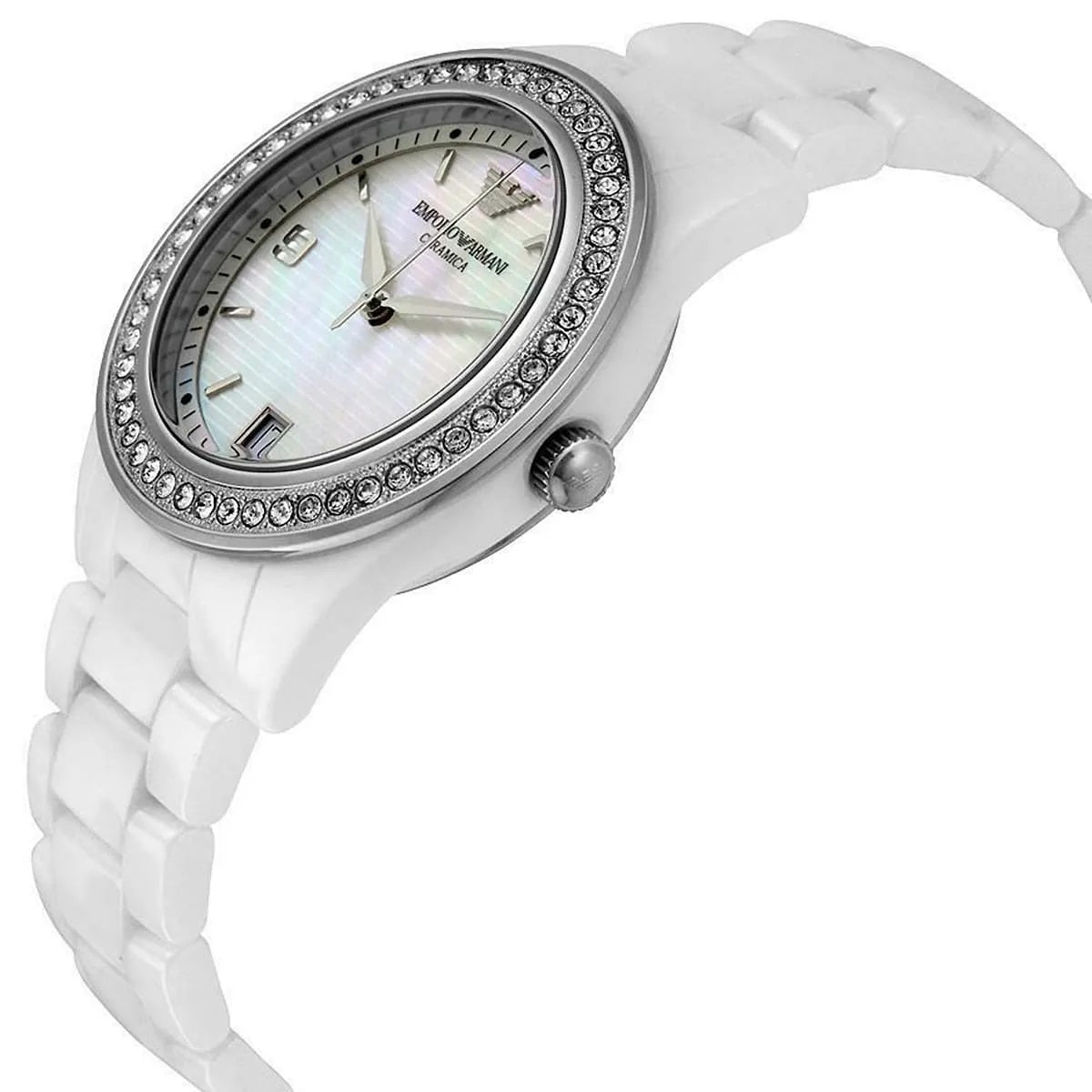 Angled view of Emporio Armani AR1426 women’s watch, showing the white ceramic strap, mother of pearl dial, and crystals