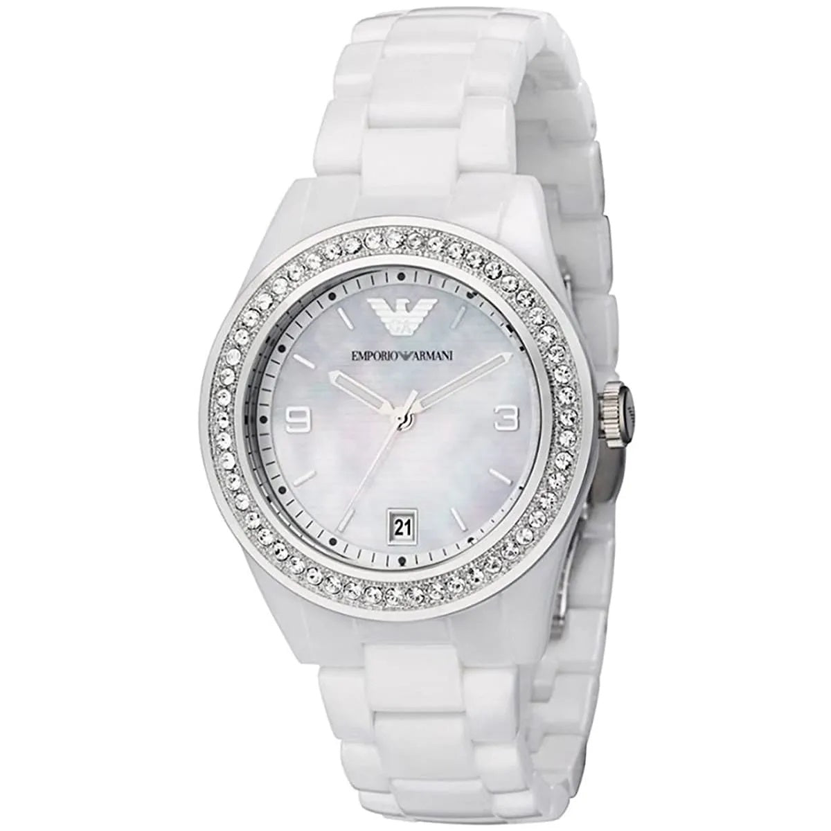 Close-up of Emporio Armani AR1426 women’s watch highlighting the white ceramic strap, mother of pearl dial, and sparkling crystals