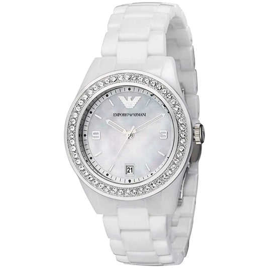 Close-up of Emporio Armani AR1426 women’s watch highlighting the white ceramic strap, mother of pearl dial, and sparkling crystals