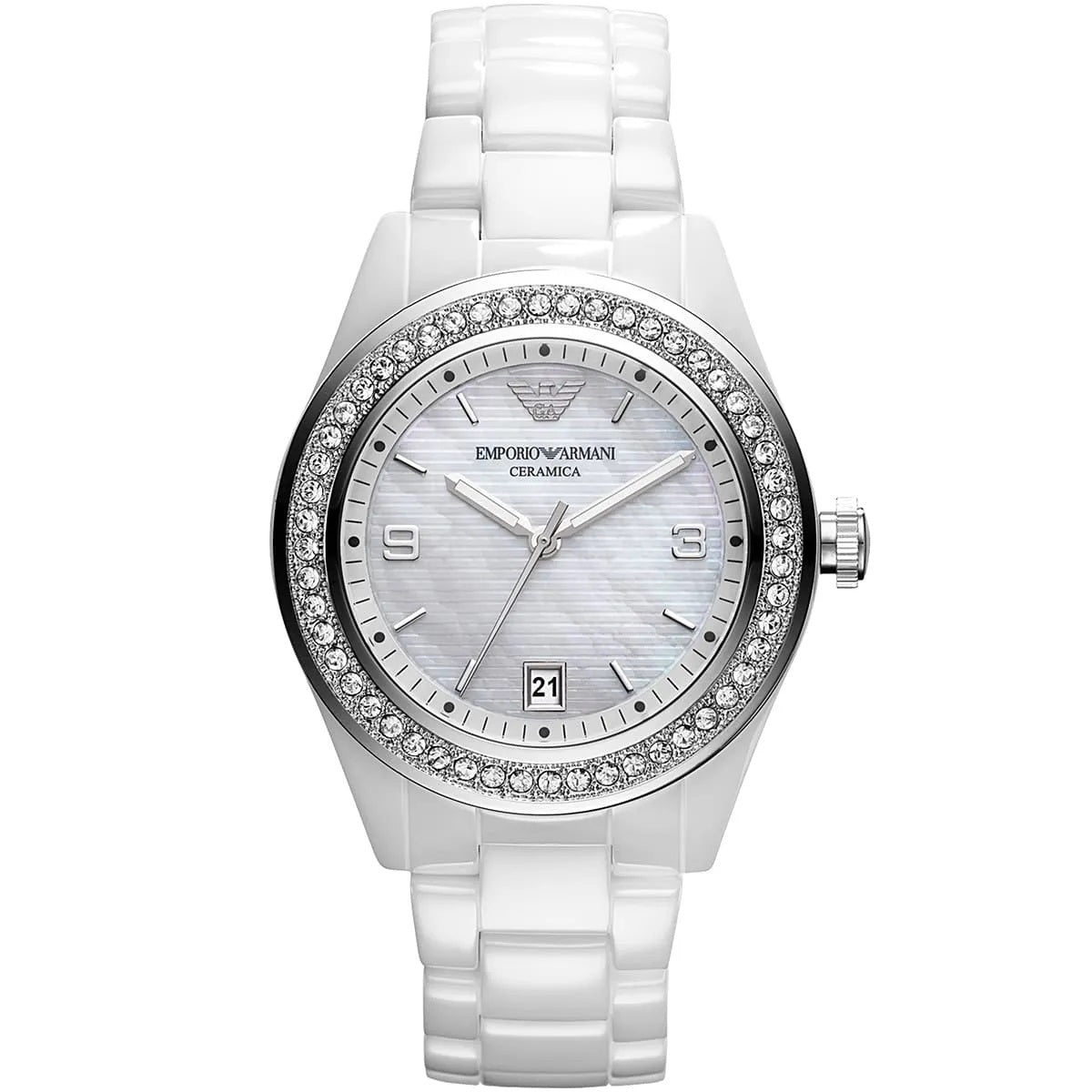 Front view of Emporio Armani AR1426 women’s watch showcasing white ceramic strap, mother of pearl dial, and crystal accents