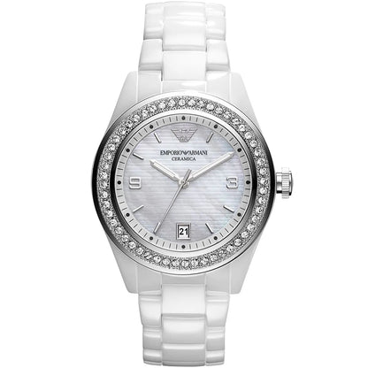 Front view of Emporio Armani AR1426 women’s watch showcasing white ceramic strap, mother of pearl dial, and crystal accents