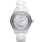 Front view of Emporio Armani AR1426 women’s watch showcasing white ceramic strap, mother of pearl dial, and crystal accents