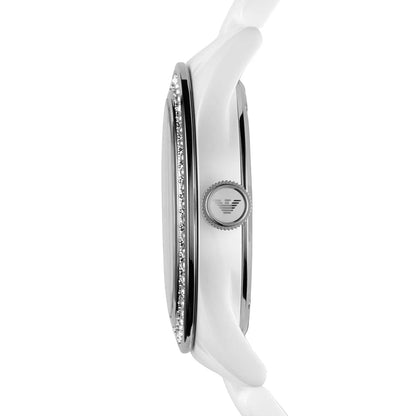 Side profile of Emporio Armani AR1426 women’s watch with white ceramic strap and mother of pearl dial with crystal accents