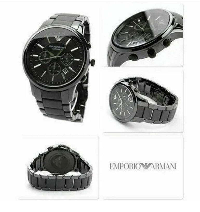 Emporio Armani AR1451 men’s watch with black ceramic strap, black dial, and chronograph features