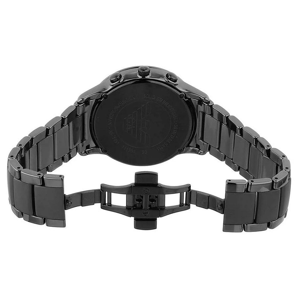 Opened clasp of Emporio Armani AR1451 chronograph watch showing the black ceramic strap