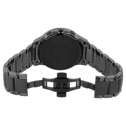 Opened clasp of Emporio Armani AR1451 chronograph watch showing the black ceramic strap