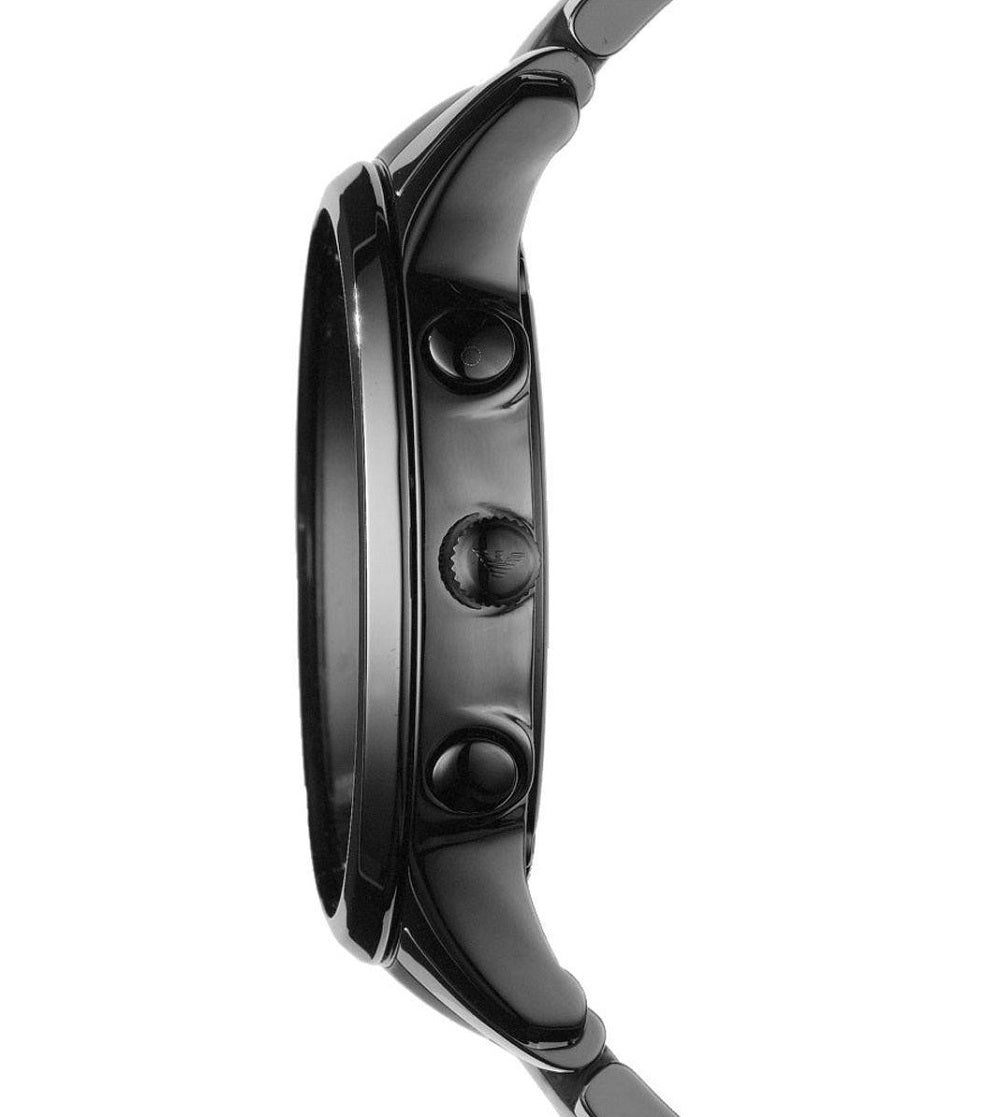 Side profile of Emporio Armani AR1451 chronograph with black ceramic strap and sleek dial