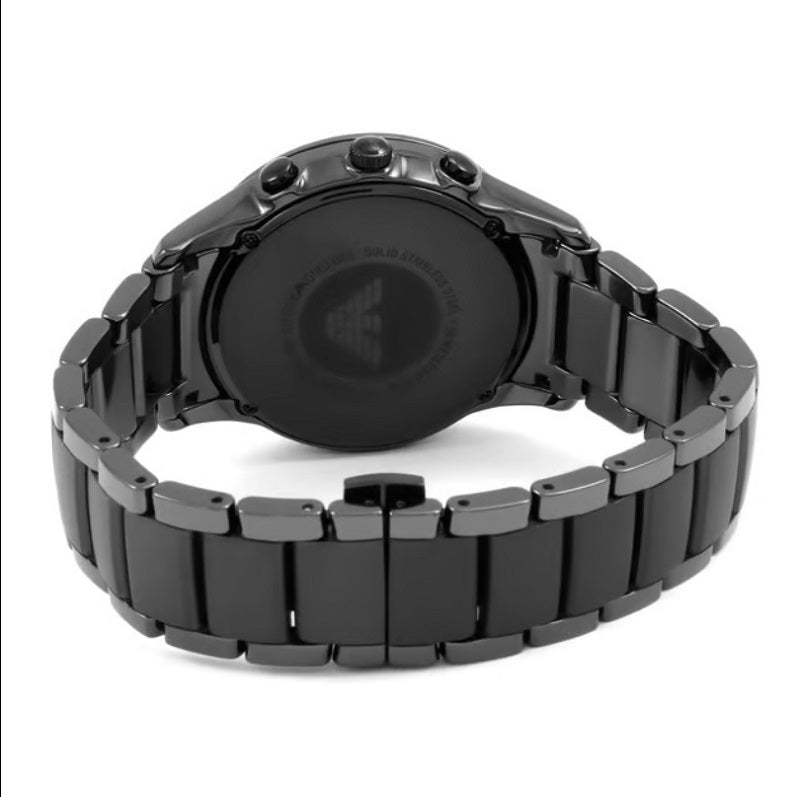 Back case view of Emporio Armani AR1452 men’s chronograph watch with stainless steel caseback