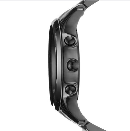 Side profile of Emporio Armani AR1452 showing the black ceramic strap and sleek chronograph design