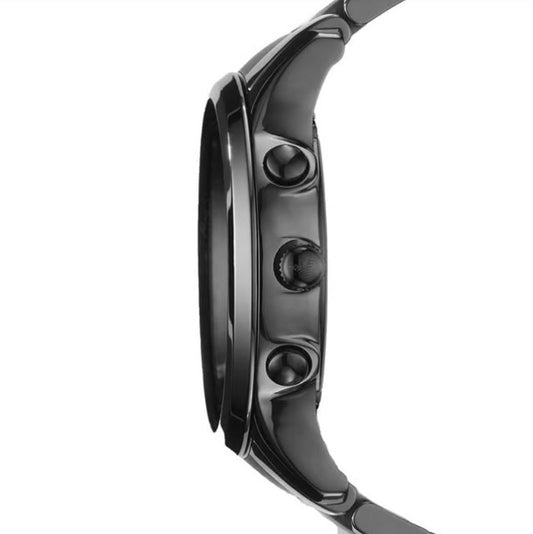 Side profile of Emporio Armani AR1452 showing the black ceramic strap and sleek chronograph design
