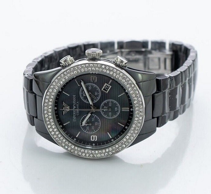 Emporio Armani AR1455 women’s watch with black ceramic strap, black dial, and sparkling crystals