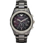 Front view of Emporio Armani AR1455 showing sleek black dial with crystal accents and ceramic strap
