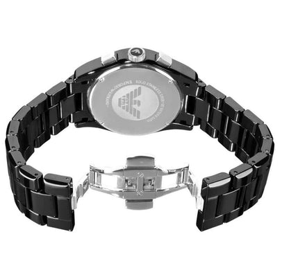 Opened clasp of Emporio Armani AR1455 showing the elegant black ceramic bracelet