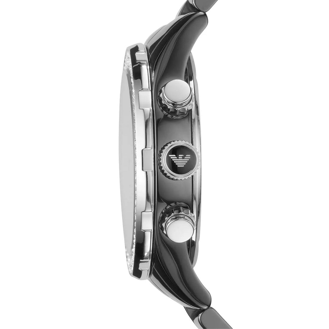 Side view of Emporio Armani AR1455 highlighting the smooth black ceramic strap and sophisticated dial