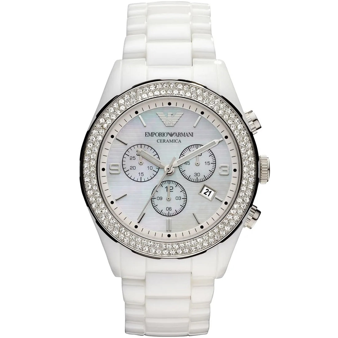 Front view of Emporio Armani AR1456 showing a polished mother of pearl dial and clean design