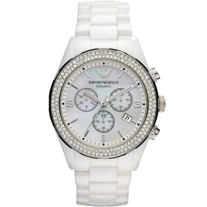 Front view of Emporio Armani AR1456 showing a polished mother of pearl dial and clean design
