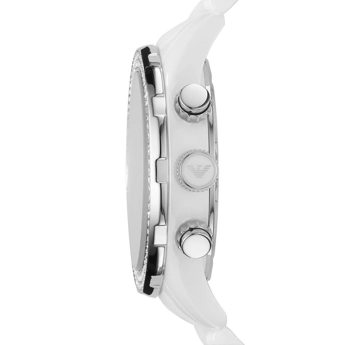Side profile of Emporio Armani AR1456 showcasing the smooth ceramic strap and refined design