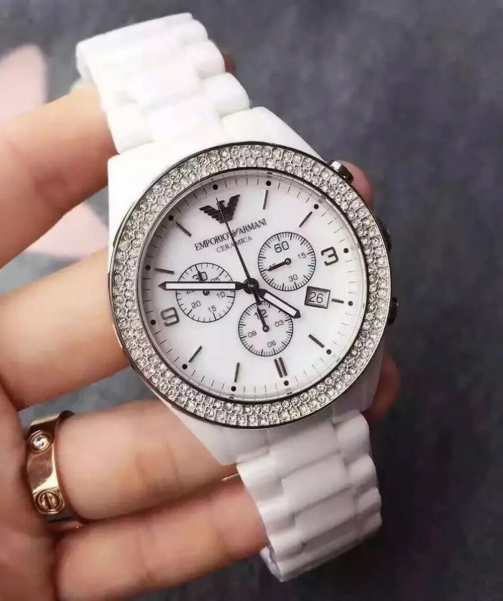 Emporio Armani AR1456 women’s watch with white ceramic strap and elegant mother of pearl dial