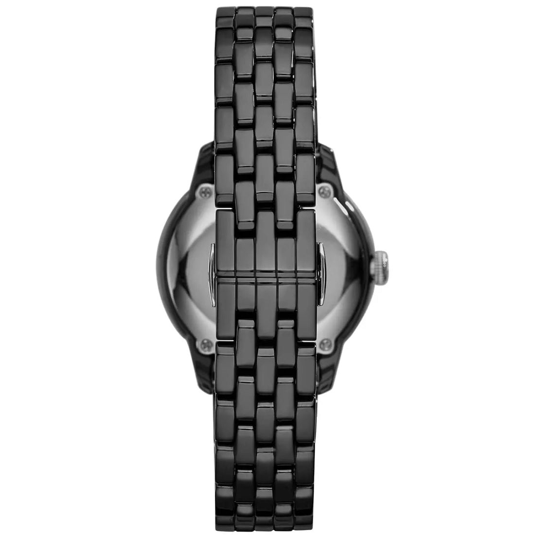 Back case view of Emporio Armani AR1478 black ceramic women’s watch
