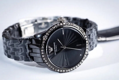 Emporio Armani AR1478 women’s watch with black ceramic strap and black dial with crystals