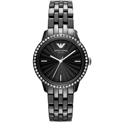 Front view of Emporio Armani AR1478 showing black dial and sparkling crystal hour markers