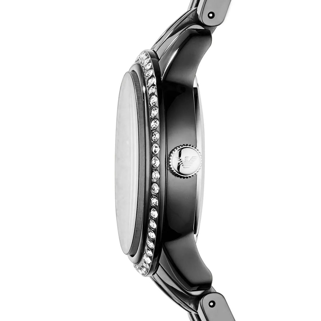 Side view of Emporio Armani AR1478 highlighting polished black ceramic case and strap